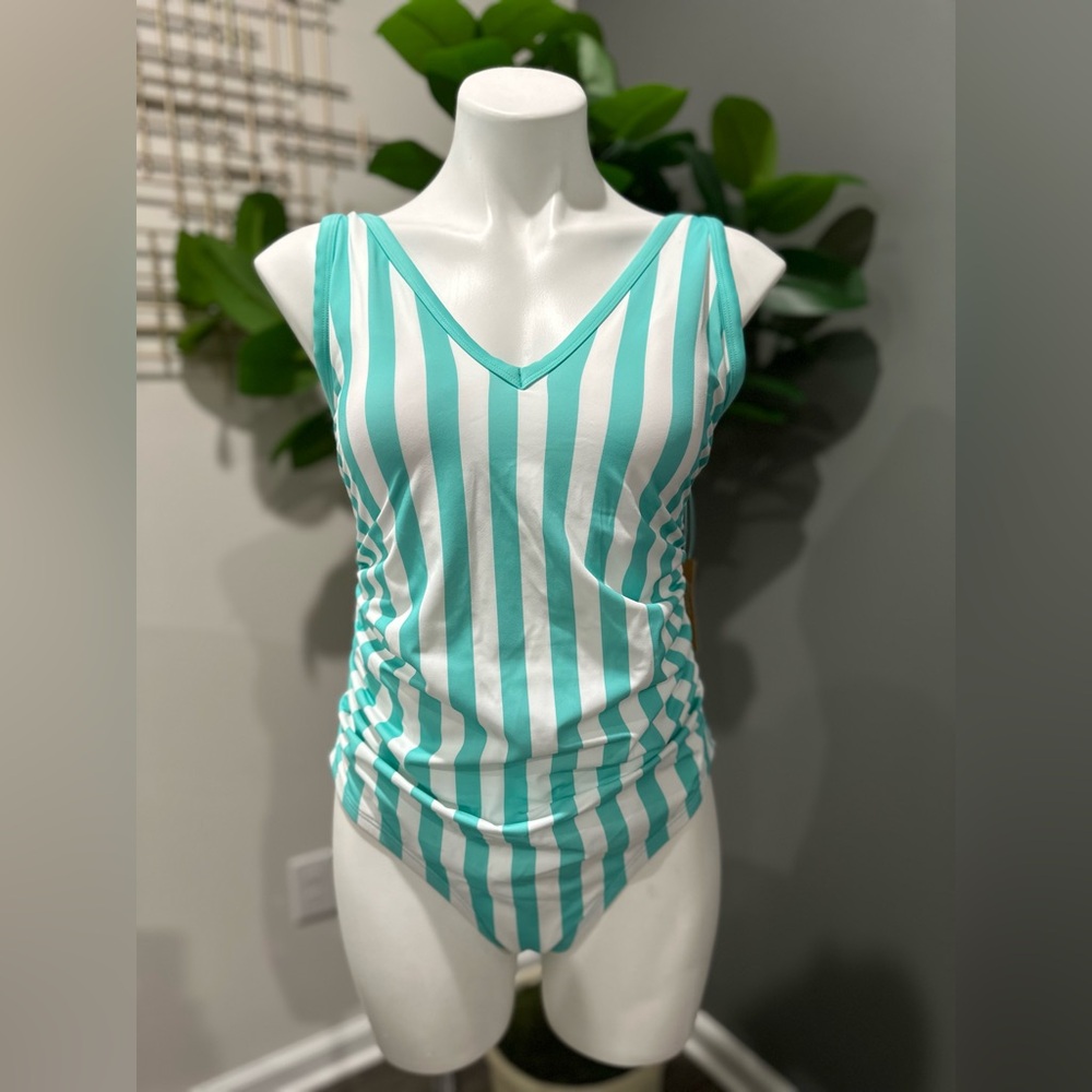 NEW Kona Sol Turquoise and White Vertical Stripes One Piece swimsuit 14W